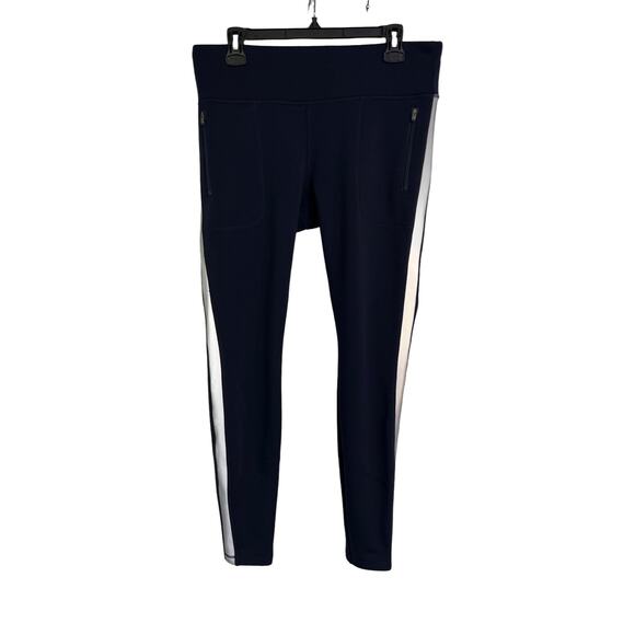 Athleta Navy Fleece Lined Leggings Reflective Stripe Pockets Size Large - Picture 1 of 12